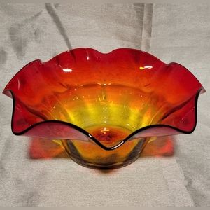 Blenko Tangerine Ruffle Bowl Amberina Hand Blown